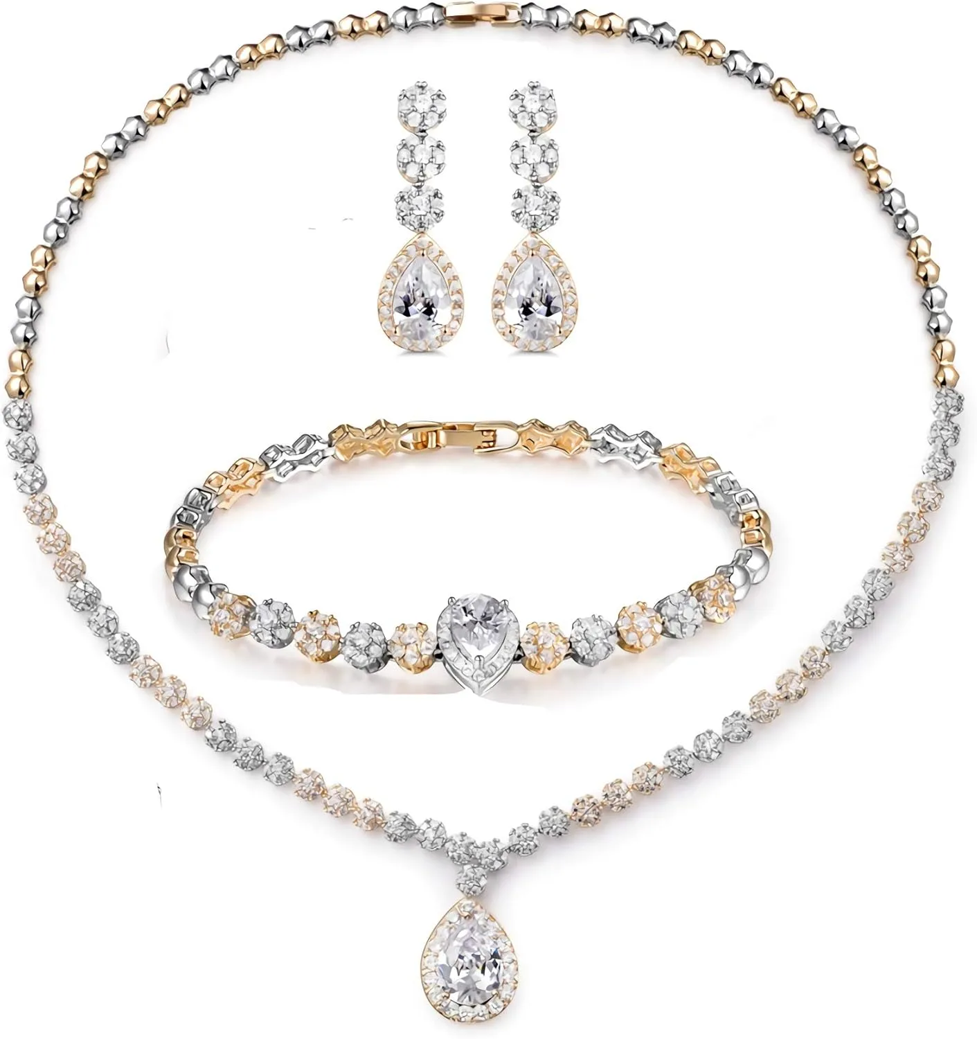 Hadskiss Jewelry Set for Women, Necklace Dangle Earrings Bracelet Set with White AAA Cubic Zirconia, Allergy Free Wedding Party Jewelry for Bridal Bridesmaid