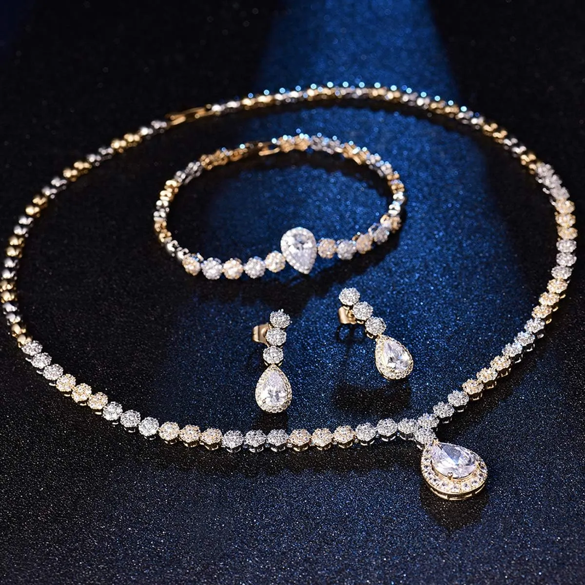 Hadskiss Jewelry Set for Women, Necklace Dangle Earrings Bracelet Set with White AAA Cubic Zirconia, Allergy Free Wedding Party Jewelry for Bridal Bridesmaid