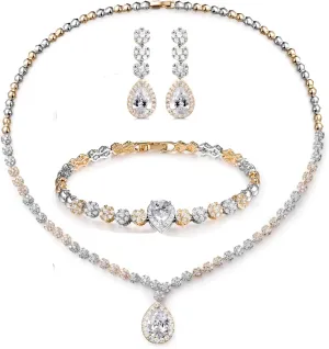 Hadskiss Jewelry Set for Women, Necklace Dangle Earrings Bracelet Set with White AAA Cubic Zirconia, Allergy Free Wedding Party Jewelry for Bridal Bridesmaid