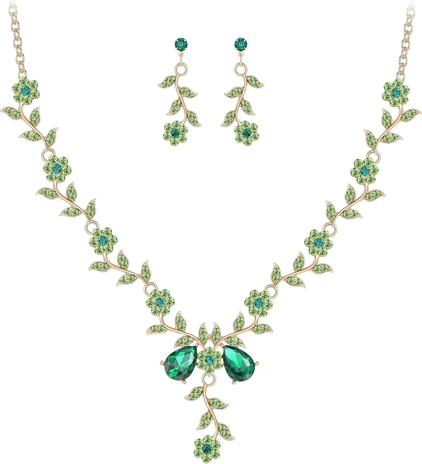 Hadskiss Prom Jewelry Set for Women, Gold Plated Necklace Dangle Earrings Set with Clear Green Emerald Color Leaf Cluster Flower Crystal, Allergy Free Wedding Party Jewelry for Bridal Bridesmaid