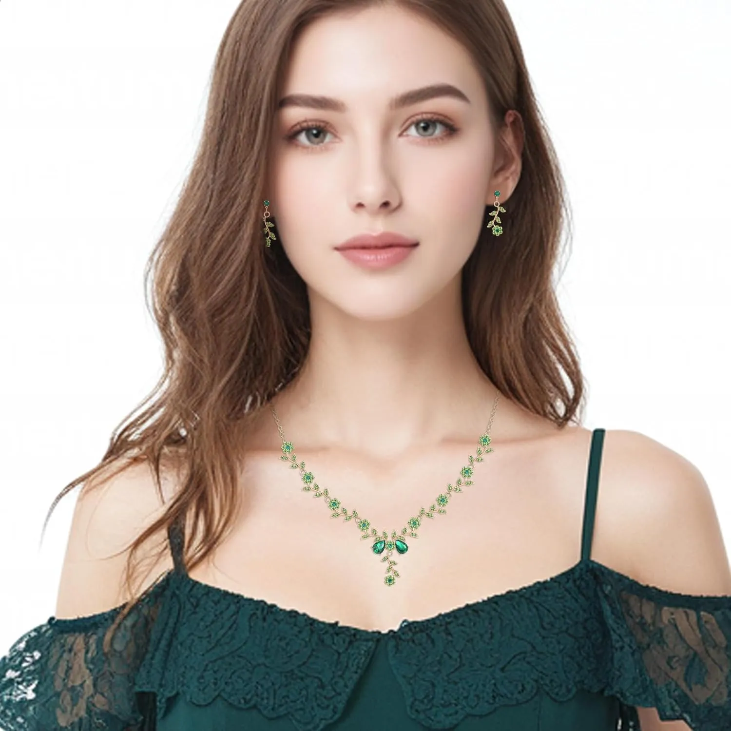Hadskiss Prom Jewelry Set for Women, Gold Plated Necklace Dangle Earrings Set with Clear Green Emerald Color Leaf Cluster Flower Crystal, Allergy Free Wedding Party Jewelry for Bridal Bridesmaid