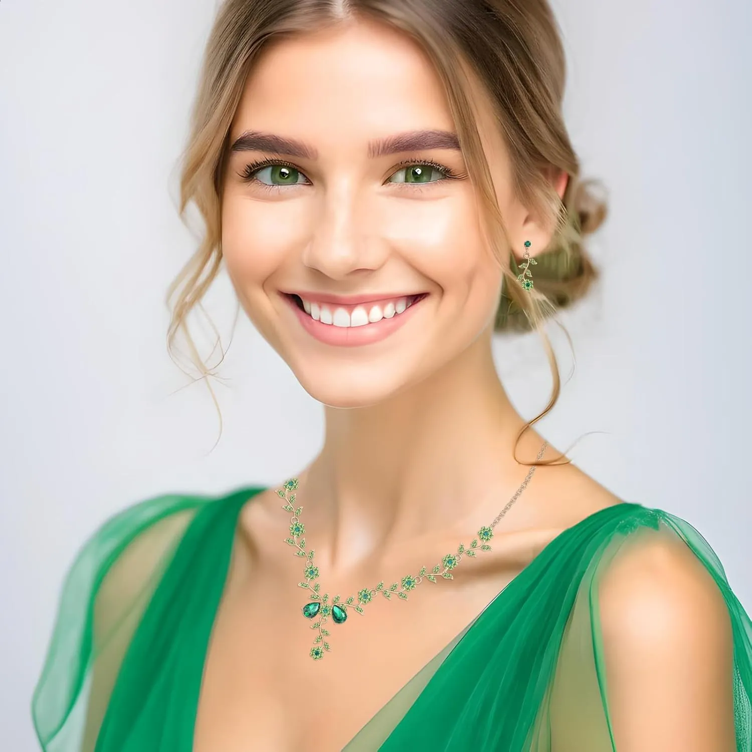 Hadskiss Prom Jewelry Set for Women, Gold Plated Necklace Dangle Earrings Set with Clear Green Emerald Color Leaf Cluster Flower Crystal, Allergy Free Wedding Party Jewelry for Bridal Bridesmaid