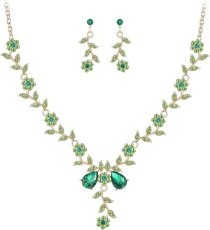 Hadskiss Prom Jewelry Set for Women, Gold Plated Necklace Dangle Earrings Set with Clear Green Emerald Color Leaf Cluster Flower Crystal, Allergy Free Wedding Party Jewelry for Bridal Bridesmaid