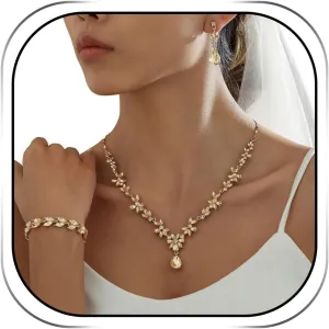 Hadskiss Wedding Jewelry Sets for Bride Bridesmaid, Party Prom Jewelry for Women, Necklace Dangle Earrings Bracelet Set with Champagne Austrian Crystal