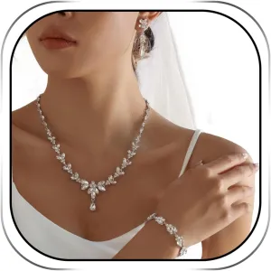 Hadskiss Wedding Jewelry Sets for Bride Bridesmaid, Party Prom Jewelry for Women, Necklace Dangle Earrings Bracelet Set with White Austrian Crystal
