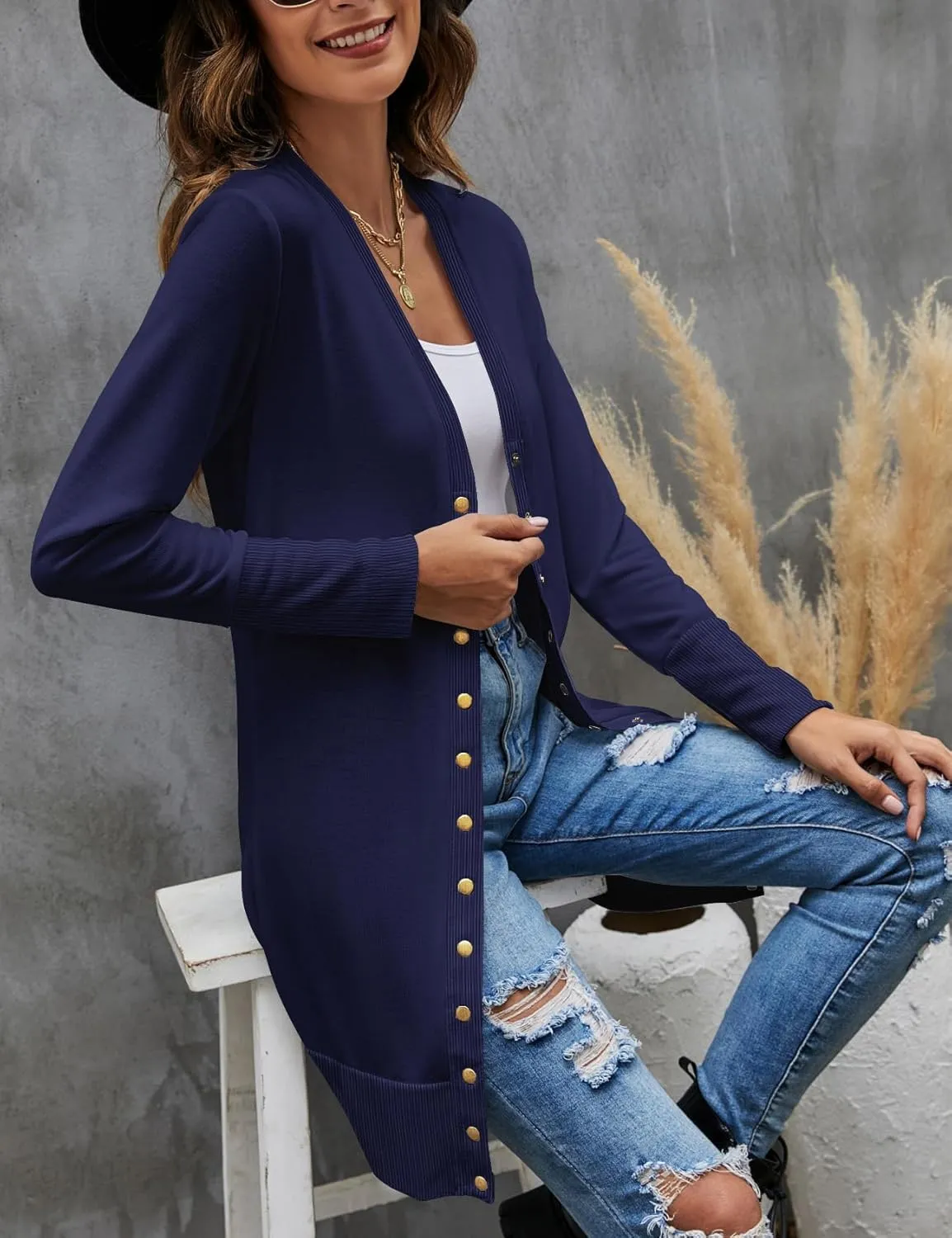 Halife Womens Long Sleeve Cardigans Lightweight Ribbed Neckline Soft Knit Cardigan Sweater with Buttons