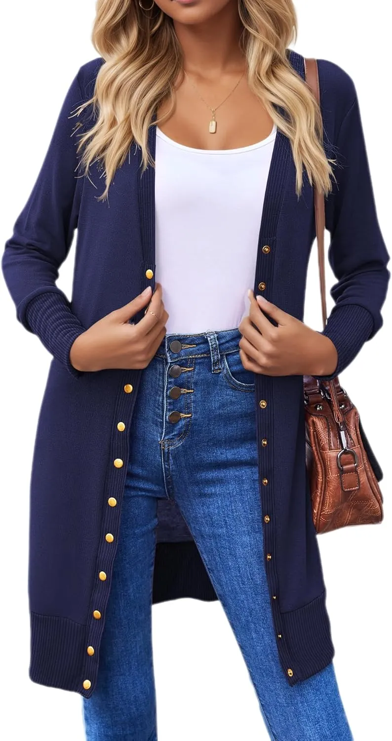 Halife Womens Long Sleeve Cardigans Lightweight Ribbed Neckline Soft Knit Cardigan Sweater with Buttons