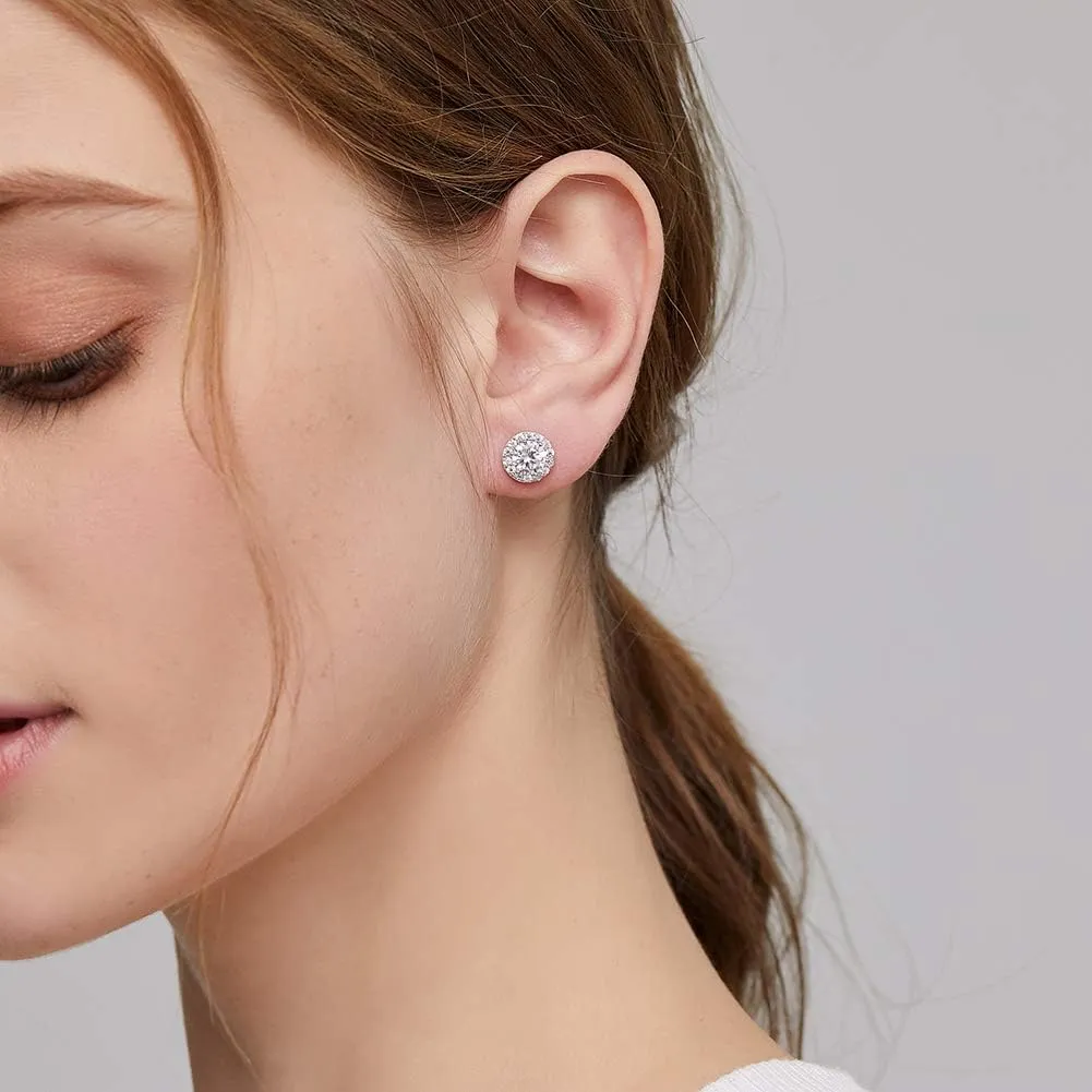 Han han 925 Sterling Silver Halo Stud Earrings for Women 18K White Gold Plated Round Cut Cubic Zirconia Simulated Diamond Stud Earrings