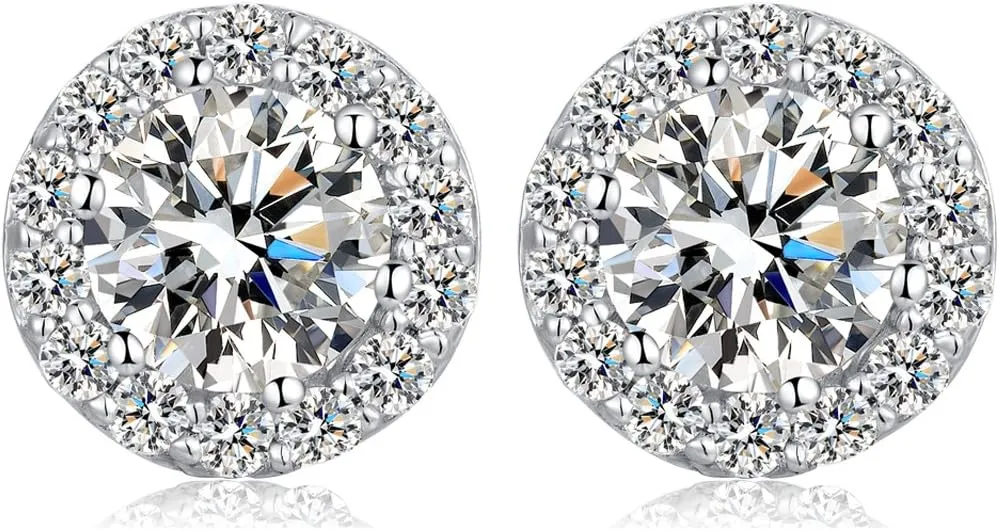 Han han 925 Sterling Silver Halo Stud Earrings for Women 18K White Gold Plated Round Cut Cubic Zirconia Simulated Diamond Stud Earrings