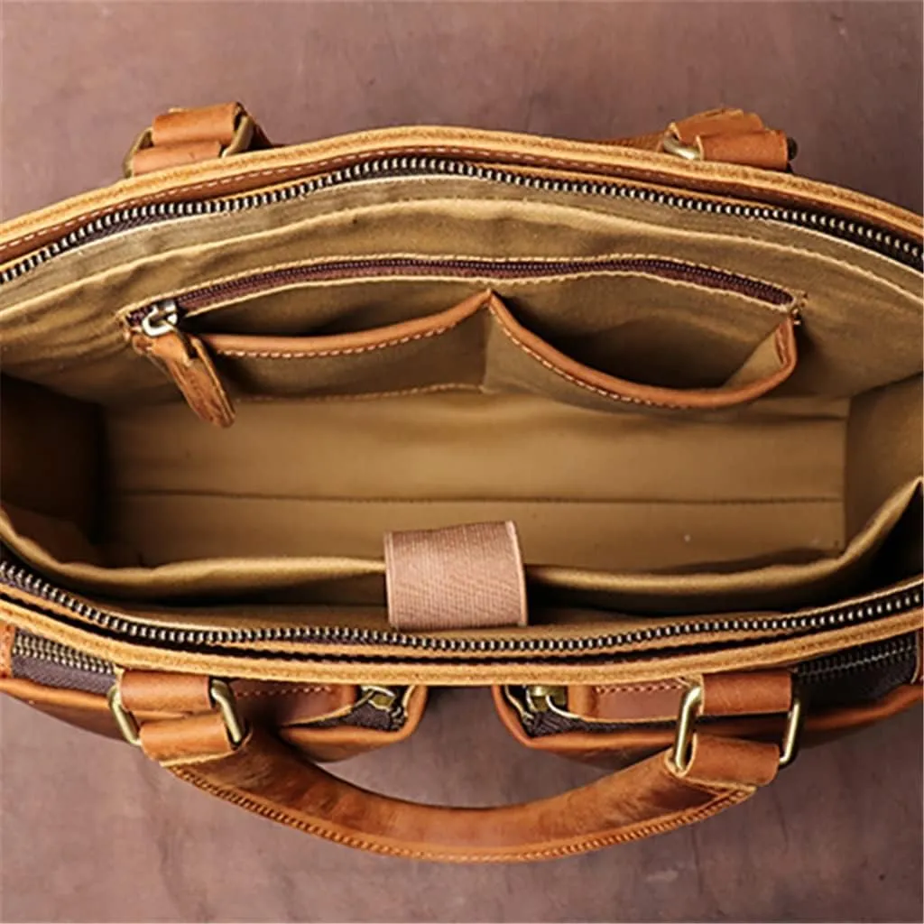 Handbag Briefcase Men Shoulder Genuine Leather Bags Brown 14 Inch Laptop Bag