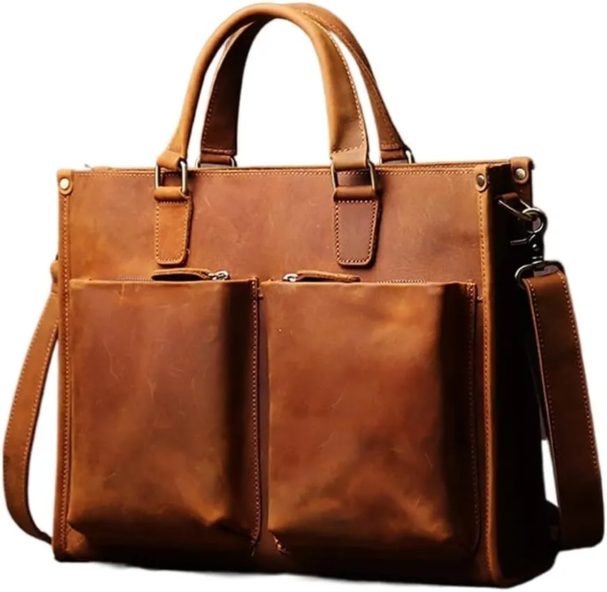 Handbag Briefcase Men Shoulder Genuine Leather Bags Brown 14 Inch Laptop Bag
