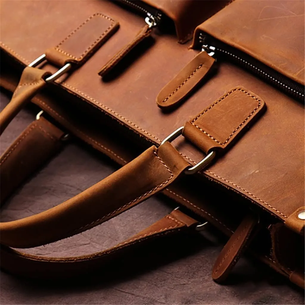 Handbag Briefcase Men Shoulder Genuine Leather Bags Brown 14 Inch Laptop Bag