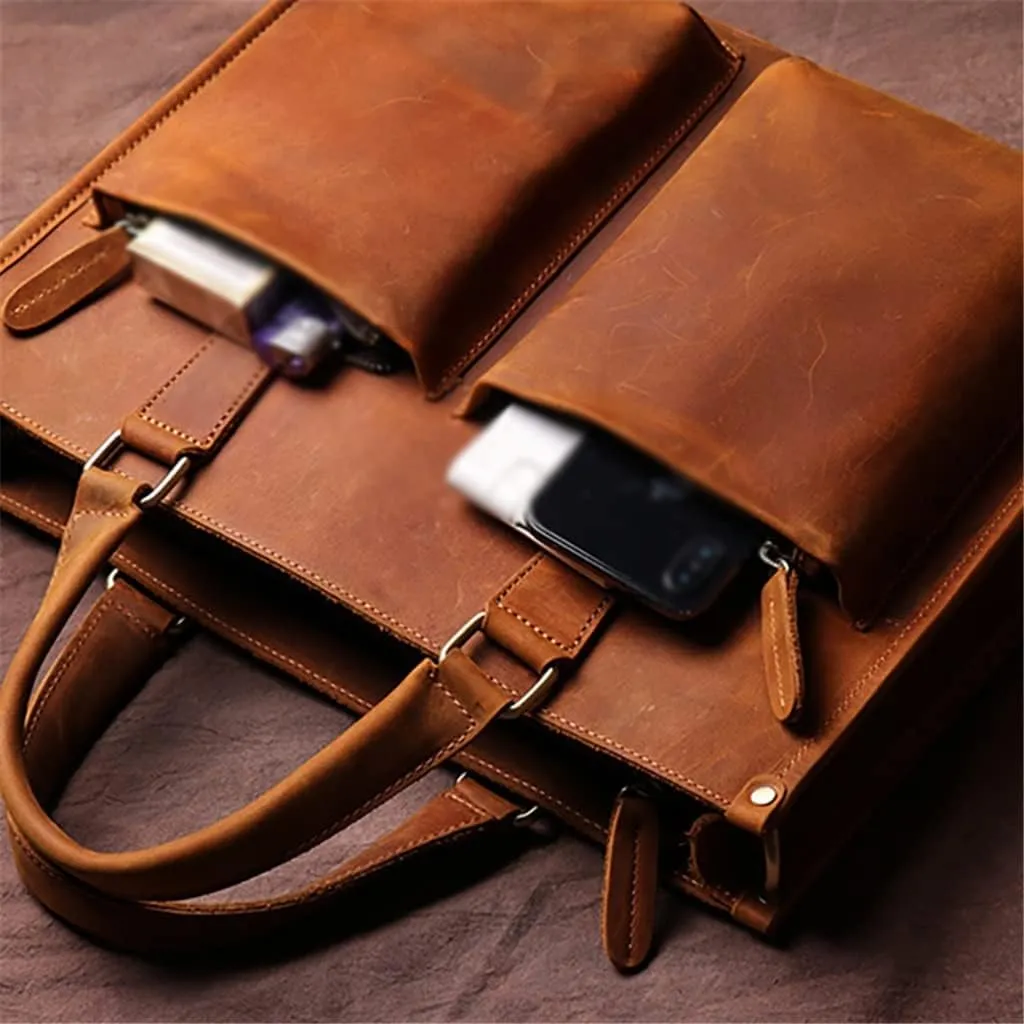 Handbag Briefcase Men Shoulder Genuine Leather Bags Brown 14 Inch Laptop Bag