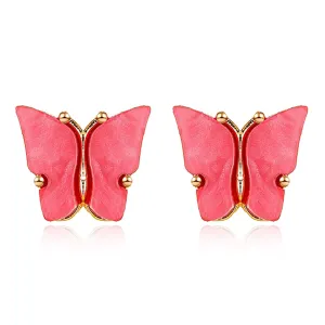 Handmade Butterfly Earrings for Women Girls Creative Cute Sweet Small Acrylic Insect Butterfly Stud Ear Hypoallergenic Anniversary Birthday Valentine's Day Jewelry Gift (Rose Red)