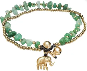 Handmade Green Aventurine Stone Chip Elephant Charm Brass Beads Anklets Bracelet 10 Inches