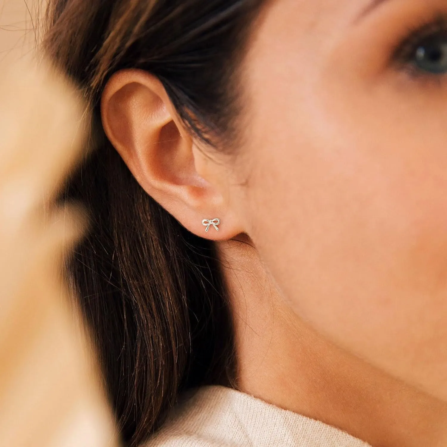HANLI 14K Gold Plated Bow Studs for Women - Small Ribbon Coquette Earrings, Trendy Jewelry