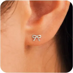 HANLI 14K Gold Plated Bow Studs for Women - Small Ribbon Coquette Earrings, Trendy Jewelry