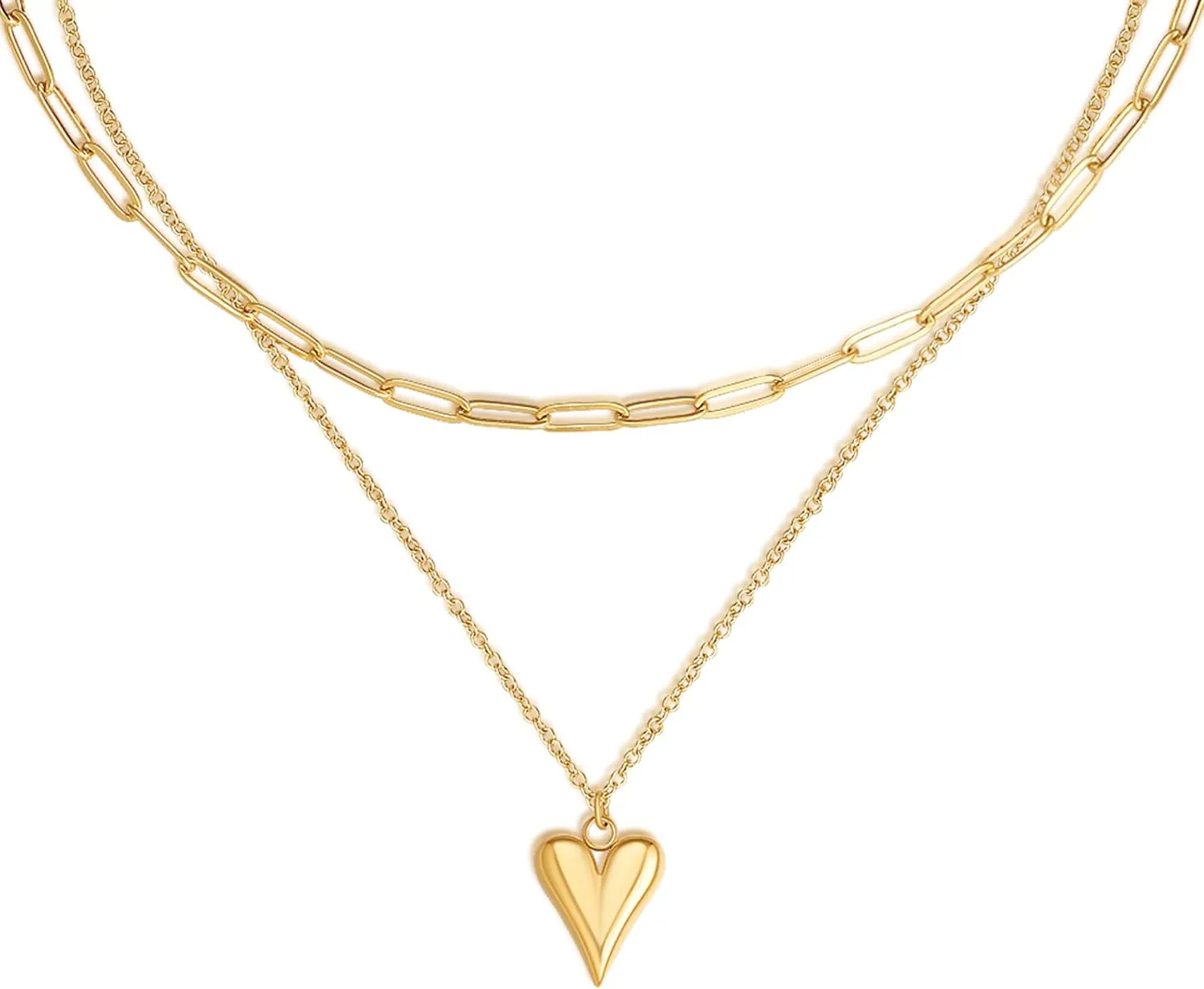 Heart Choker Necklace, Layered Chain Paperclip Love Pendant Link Necklaces for Women Mother's Day Wife