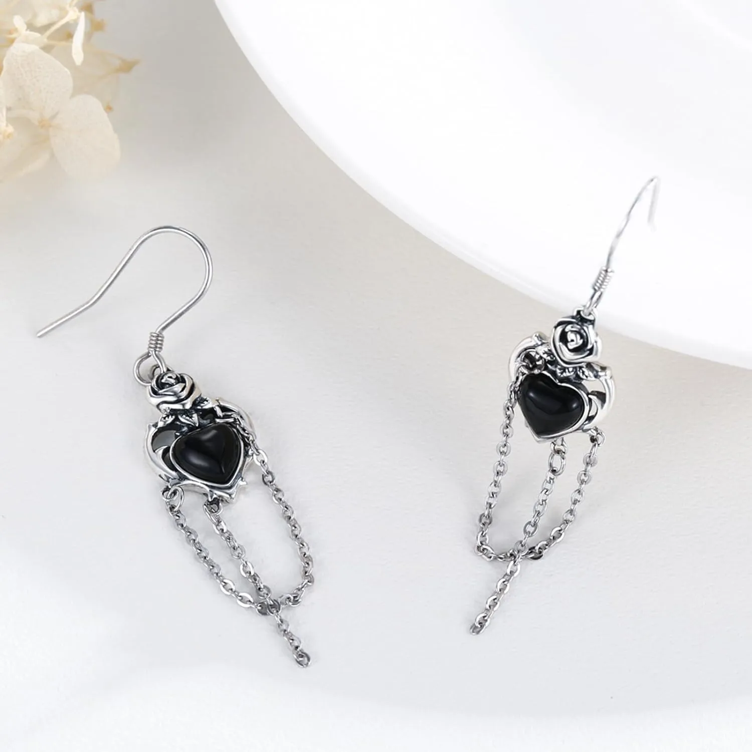Heart Drop Dangle Earrings S925 Sterling Silver Heart Red Agate Rose Flowers Drop Dangle Chain Earrings Gothic Jewelry Gifts for Women Halloween Birthday Thanksgiving