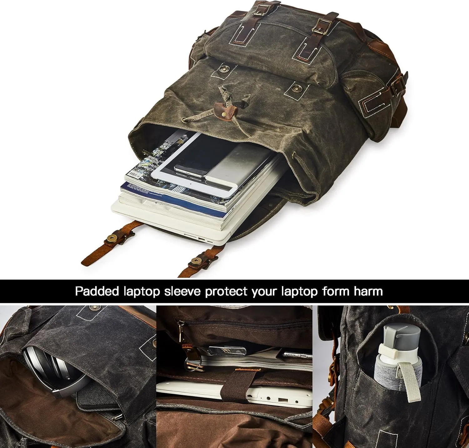 Heavy Duty Waxed Canvas Vintage Backpack for Men Women Trim Casual 15.6" laptop Travel Rucksack Shoulder Rucksack for Travel