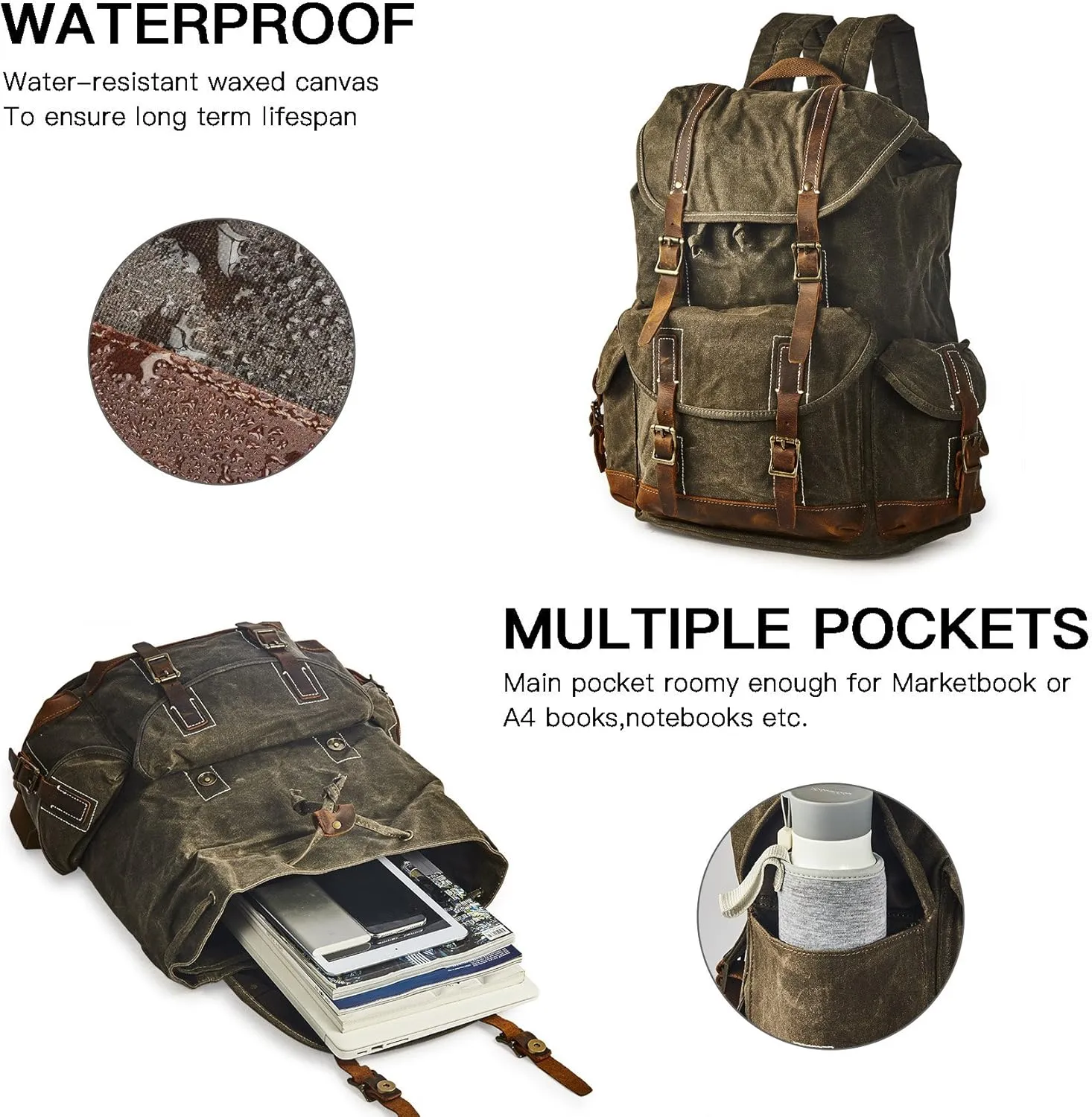 Heavy Duty Waxed Canvas Vintage Backpack for Men Women Trim Casual 15.6" laptop Travel Rucksack Shoulder Rucksack for Travel