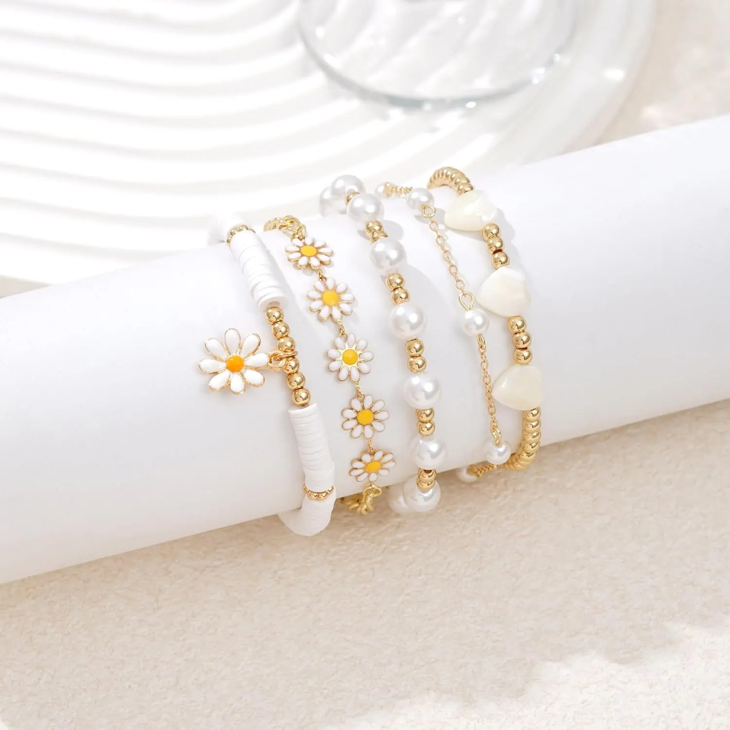 Heishi Beaded Stretch Bracelets for Women Stackable Gold Polymer Clay Beads Bracelets Friendship Boho Summer Beach Bracelet Jewelry Set