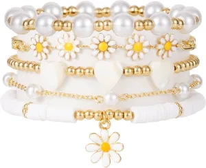 Heishi Beaded Stretch Bracelets for Women Stackable Gold Polymer Clay Beads Bracelets Friendship Boho Summer Beach Bracelet Jewelry Set