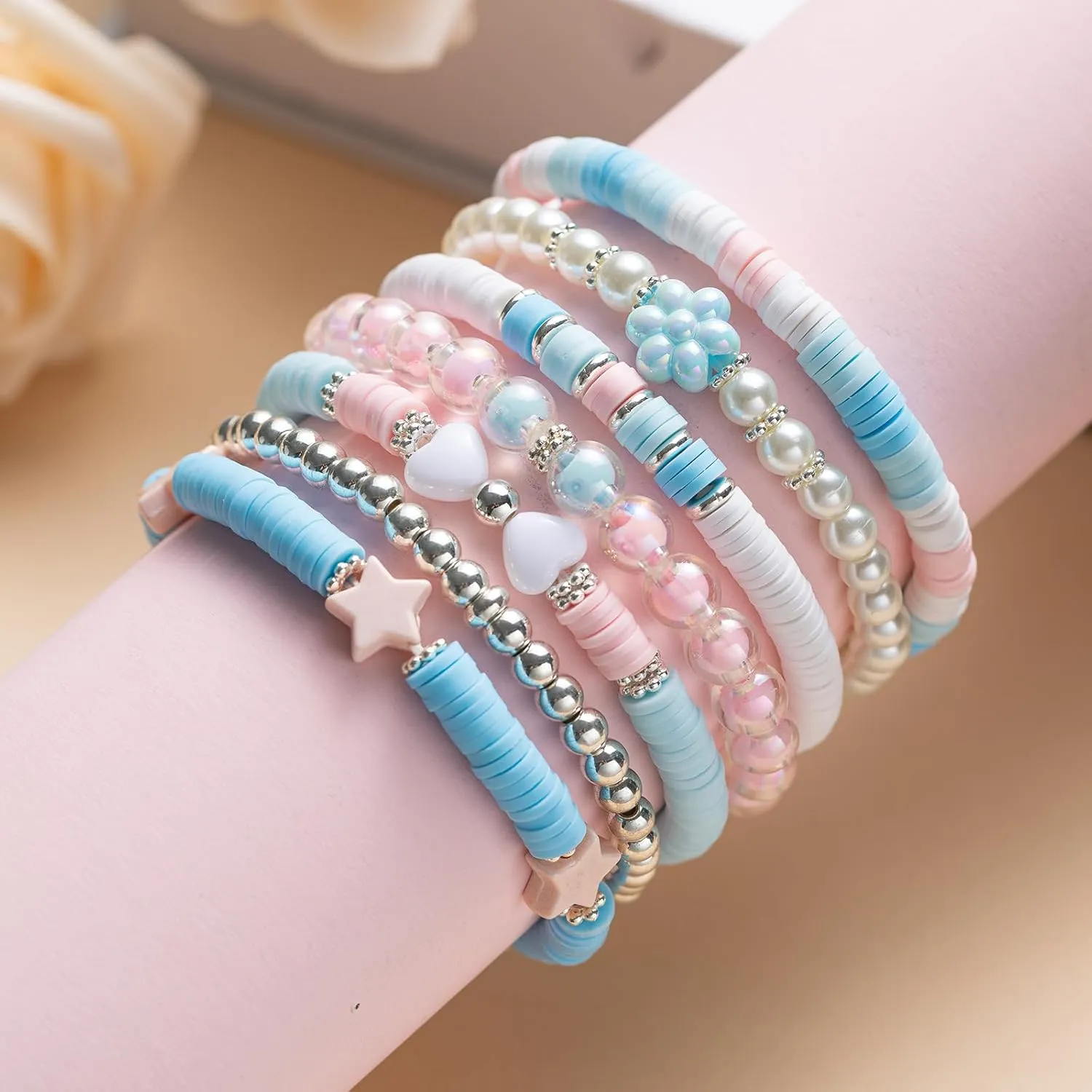 Heishi Preppy Bracelets, y2k Kawaii Stuff, Bohemian Beaded Charm Stackable Bracelet Set, Aesthetic Jewelry,Gifts for Women
