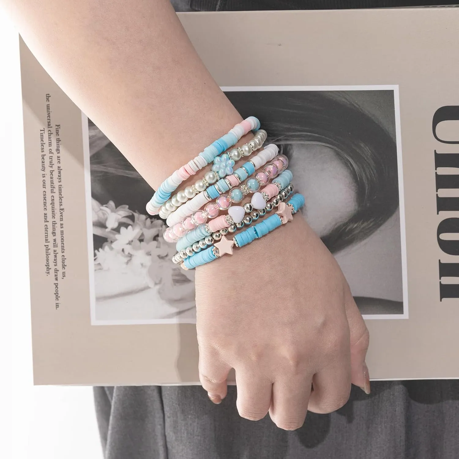 Heishi Preppy Bracelets, y2k Kawaii Stuff, Bohemian Beaded Charm Stackable Bracelet Set, Aesthetic Jewelry,Gifts for Women