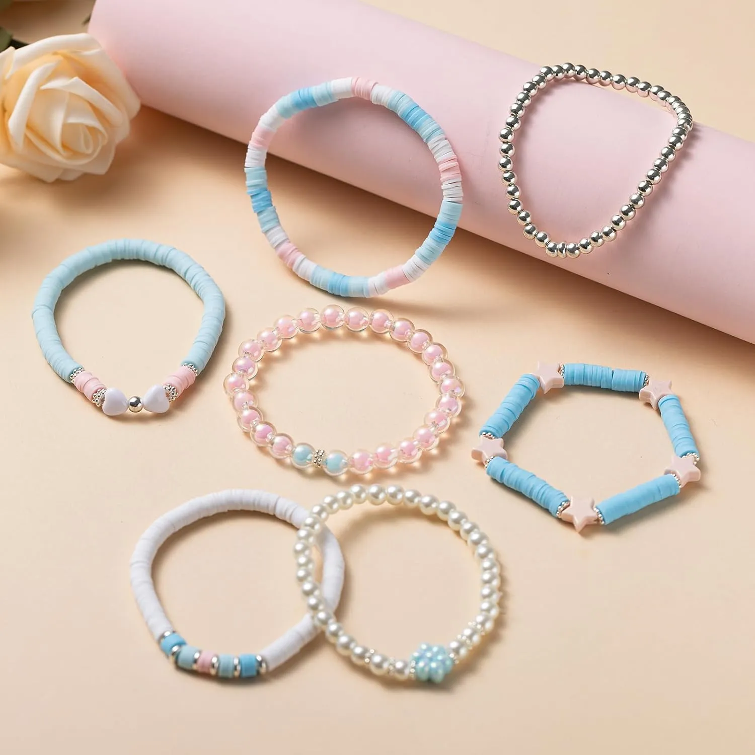 Heishi Preppy Bracelets, y2k Kawaii Stuff, Bohemian Beaded Charm Stackable Bracelet Set, Aesthetic Jewelry,Gifts for Women