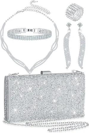 Henoyso 5 Pcs Purse Rhinestone Jewelry Set Rhinestone Clutch Purse Bride Prom Jewelry Necklace Earrings Bracelets for Women (One Side, Graceful Style)