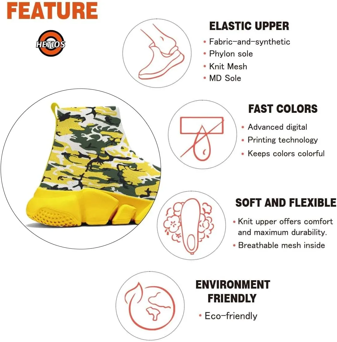 Hetios Men's Camouflage Shoes - Lightweight Breathable Walking Shoes Sock Shoes Workout Casual Running Shoes