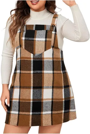 HGps8w Women's Plaid Overall Dress, Plus Size Fall Winter Adjustable Straps Casual Sleeveless Pinafore Dresses with Pockets