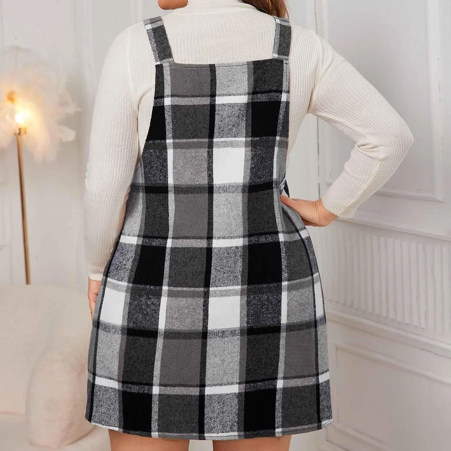 HGps8w Women's Plaid Overall Dress, Plus Size Fall Winter Adjustable Straps Casual Sleeveless Pinafore Dresses with Pockets