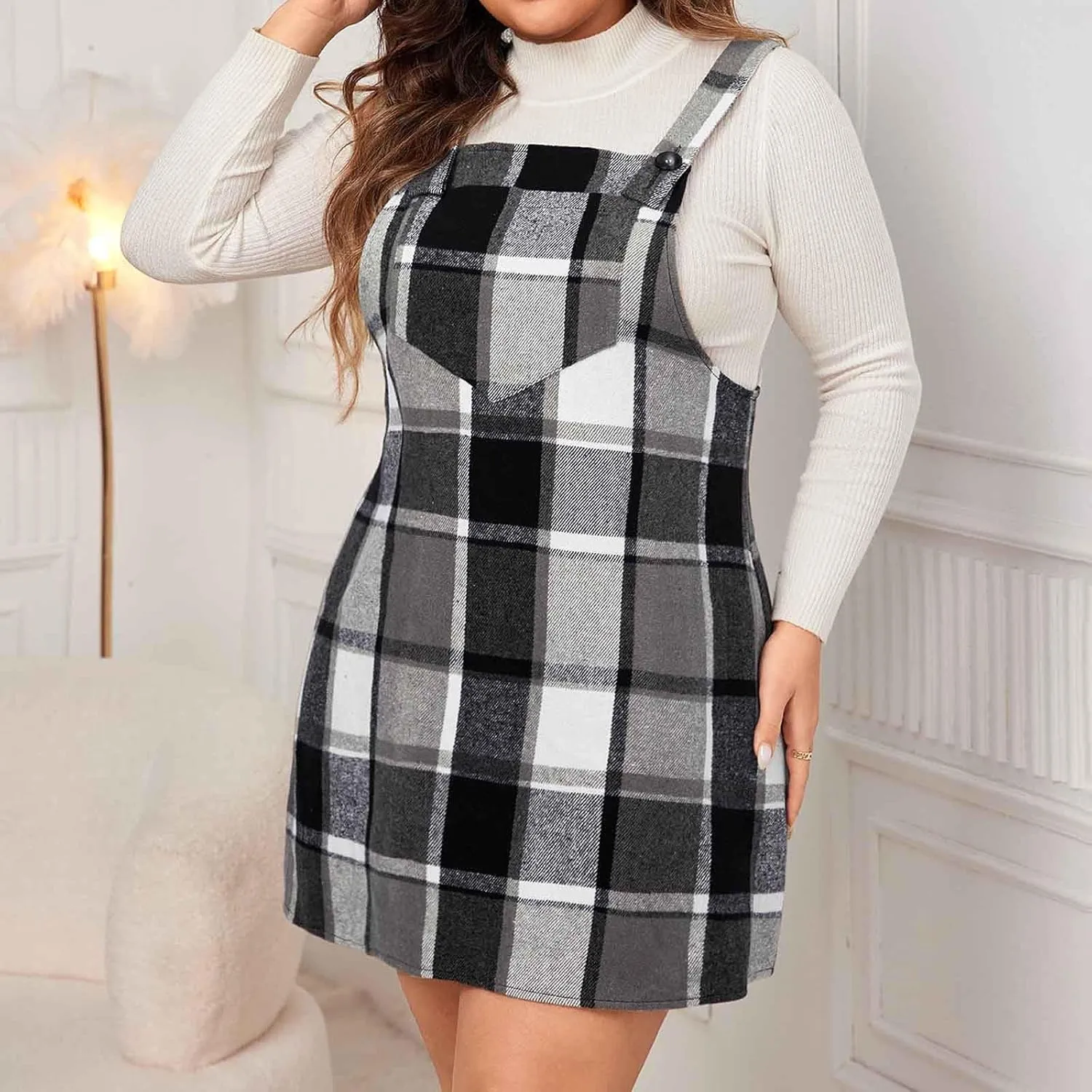HGps8w Women's Plaid Overall Dress, Plus Size Fall Winter Adjustable Straps Casual Sleeveless Pinafore Dresses with Pockets