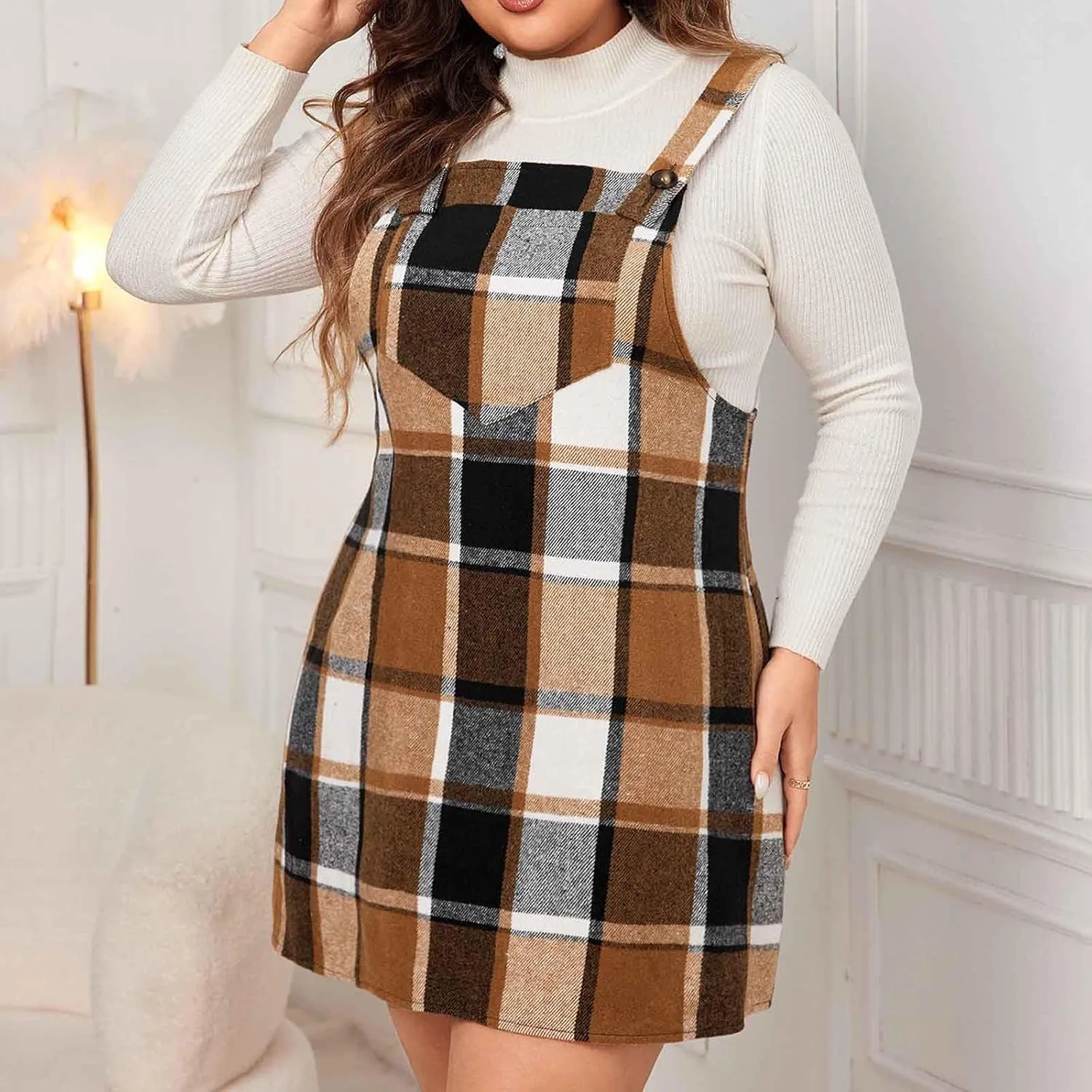 HGps8w Women's Plaid Overall Dress, Plus Size Fall Winter Adjustable Straps Casual Sleeveless Pinafore Dresses with Pockets