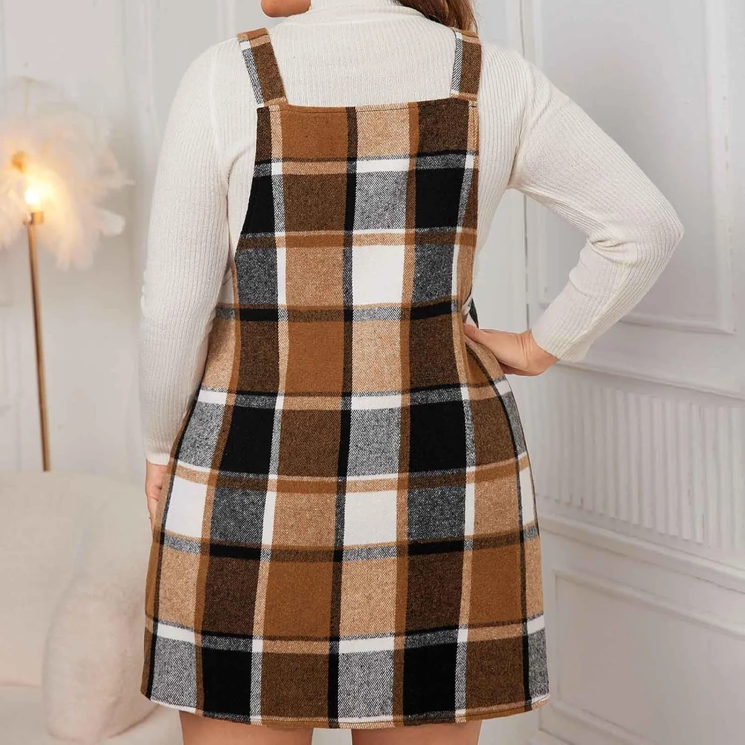 HGps8w Women's Plaid Overall Dress, Plus Size Fall Winter Adjustable Straps Casual Sleeveless Pinafore Dresses with Pockets