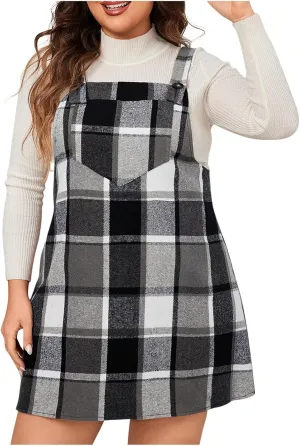 HGps8w Women's Plaid Overall Dress, Plus Size Fall Winter Adjustable Straps Casual Sleeveless Pinafore Dresses with Pockets