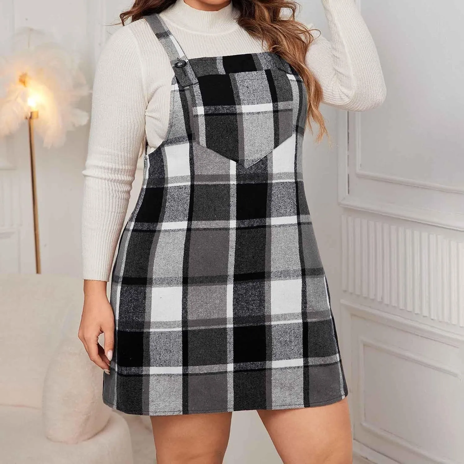 HGps8w Women's Plaid Overall Dress, Plus Size Fall Winter Adjustable Straps Casual Sleeveless Pinafore Dresses with Pockets
