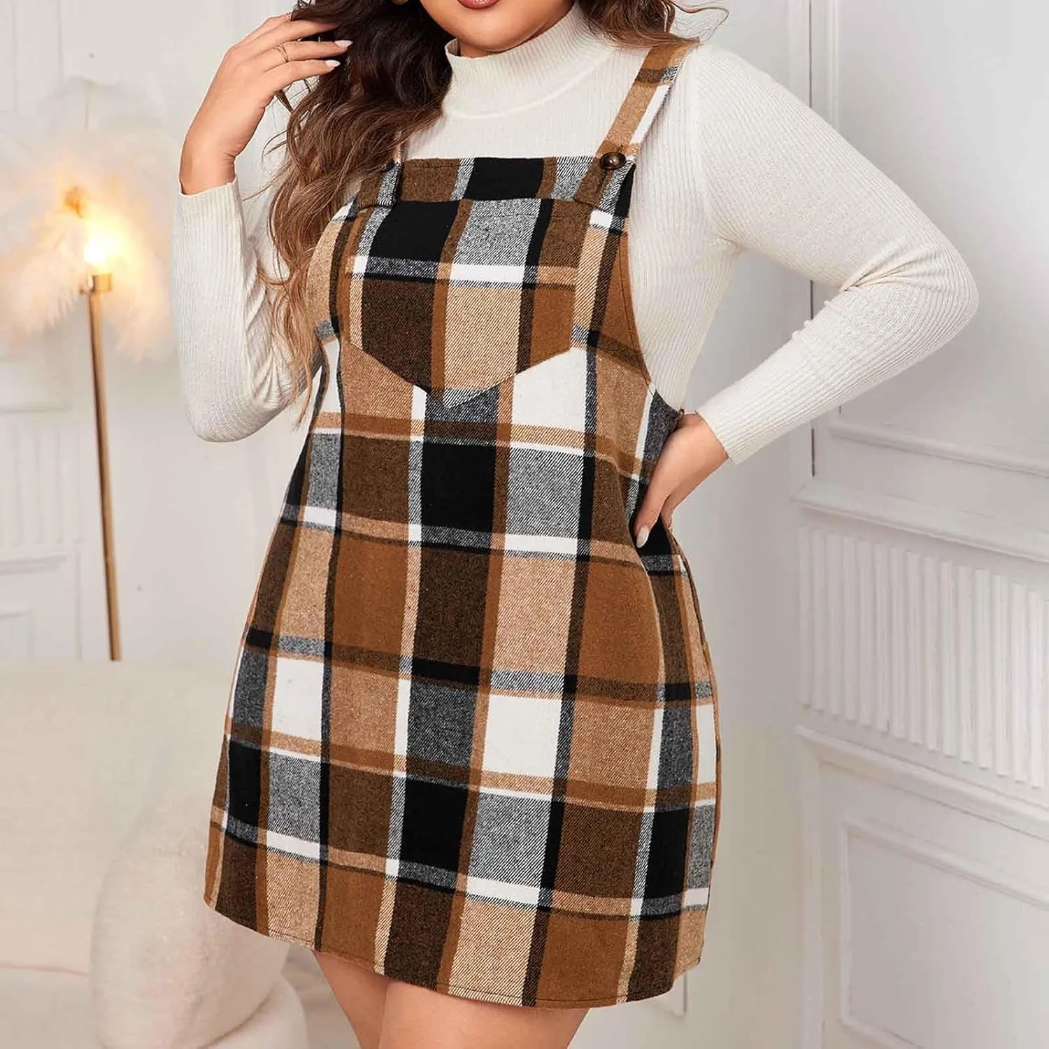 HGps8w Women's Plaid Overall Dress, Plus Size Fall Winter Adjustable Straps Casual Sleeveless Pinafore Dresses with Pockets