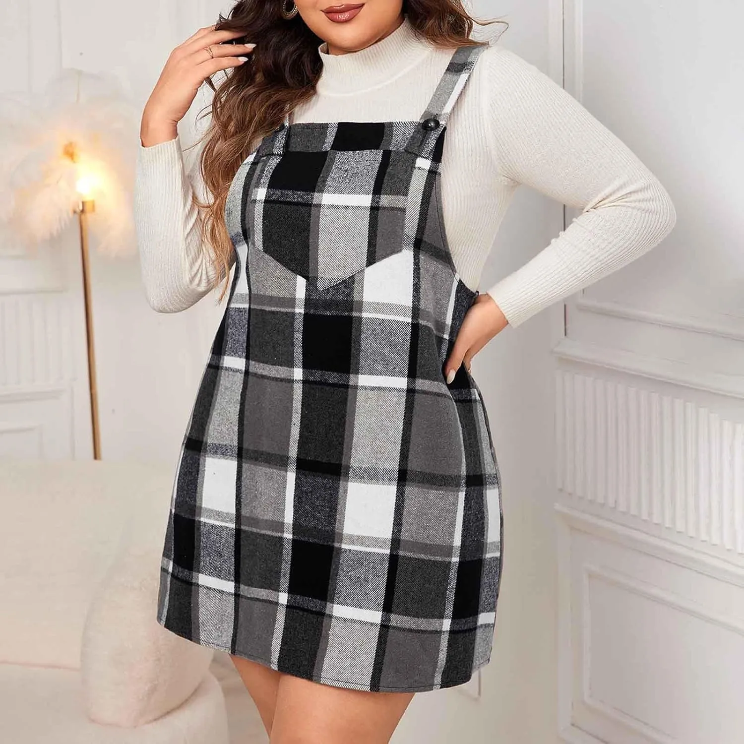 HGps8w Women's Plaid Overall Dress, Plus Size Fall Winter Adjustable Straps Casual Sleeveless Pinafore Dresses with Pockets