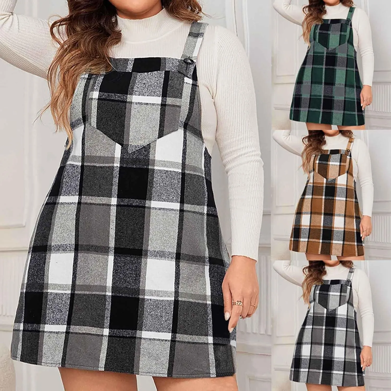 HGps8w Women's Plaid Overall Dress, Plus Size Fall Winter Adjustable Straps Casual Sleeveless Pinafore Dresses with Pockets