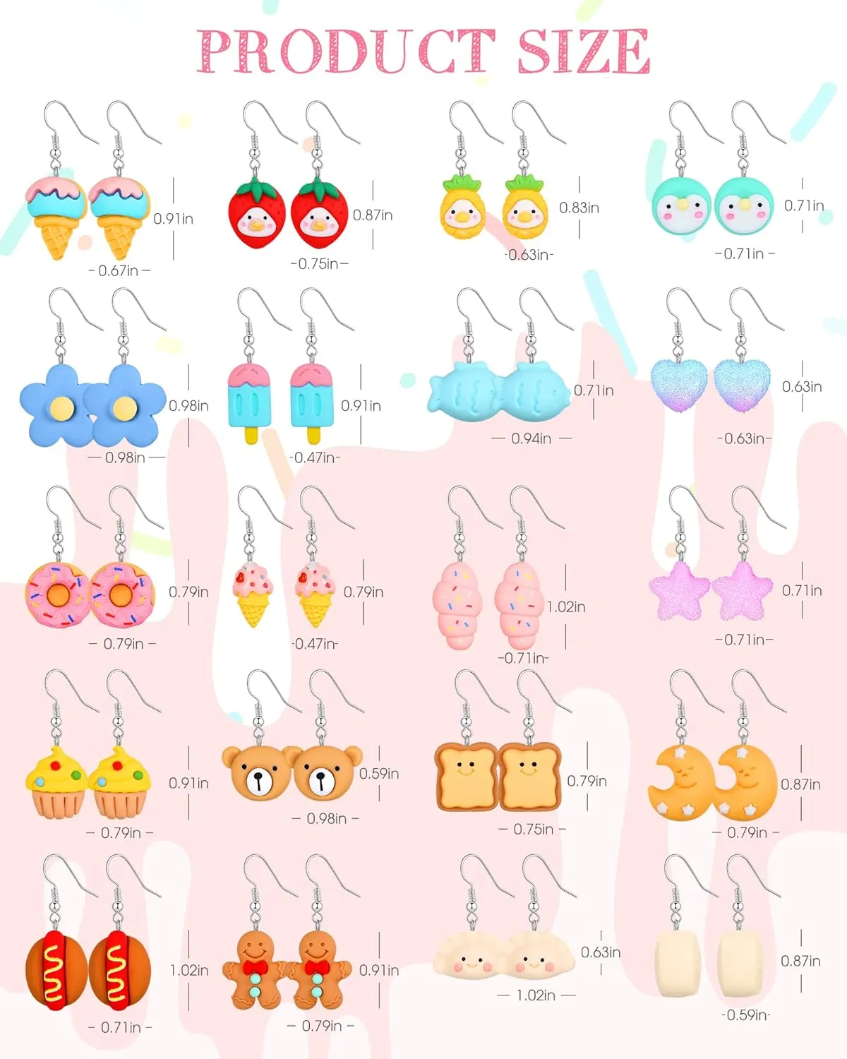 Hicarer 20 Pairs Cute Weird Earrings Funny Dangle Drop Earrings for Women Include Gummy Candy Bear Milk Goldfish Cartoon Fruits Flowers Animals for Birthday