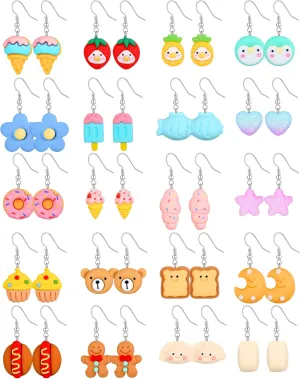 Hicarer 20 Pairs Cute Weird Earrings Funny Dangle Drop Earrings for Women Include Gummy Candy Bear Milk Goldfish Cartoon Fruits Flowers Animals for Birthday