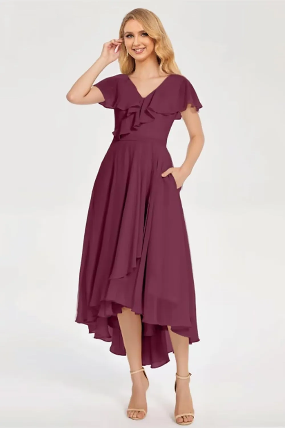 High Low Bridesmaid Dresses with Slit Chiffon Ruffled Ruched A-line Long Formal Evening Gowns EEM174