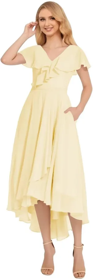 High Low Bridesmaid Dresses with Slit Chiffon Ruffled Ruched A-line Long Formal Evening Gowns EEM174