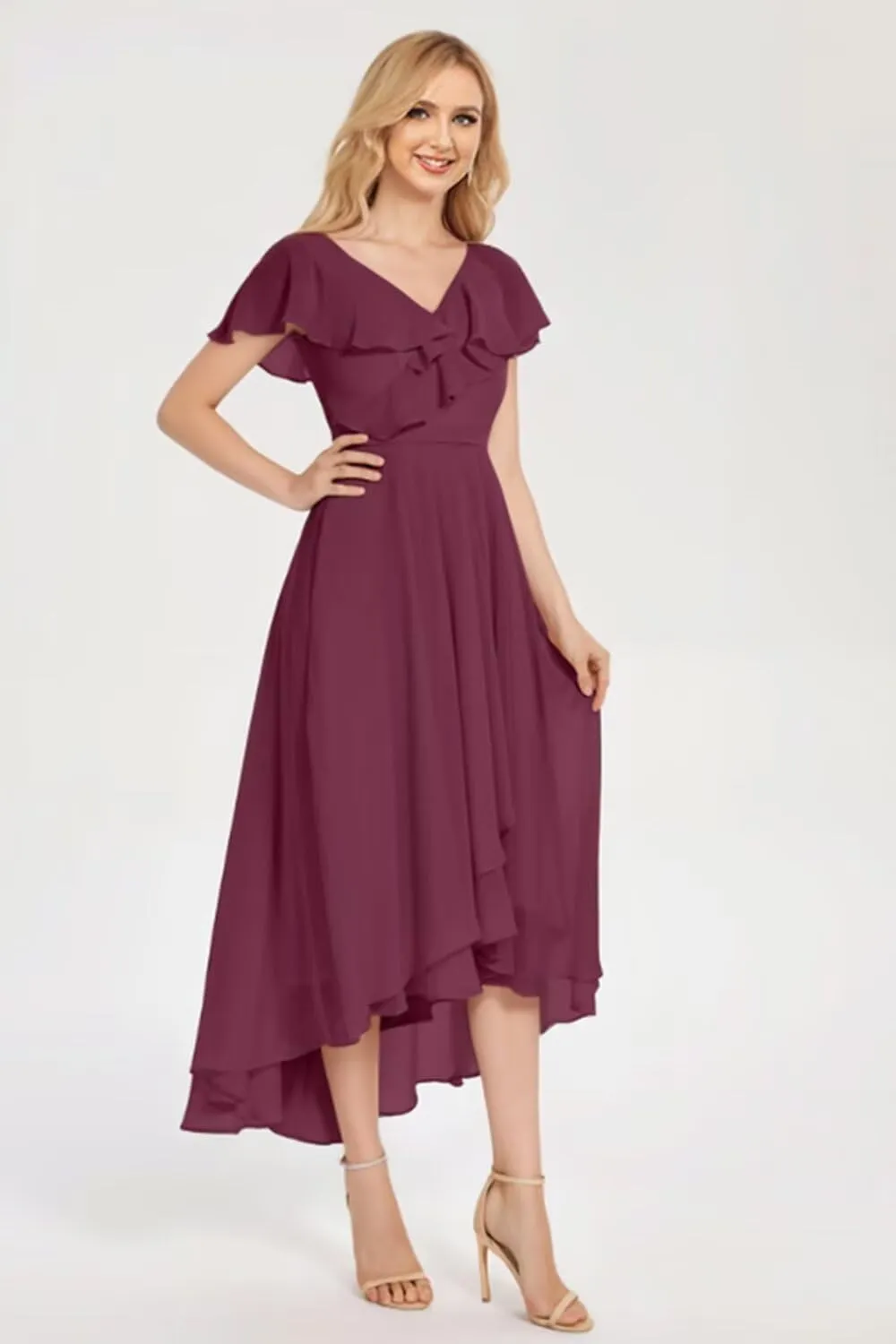 High Low Bridesmaid Dresses with Slit Chiffon Ruffled Ruched A-line Long Formal Evening Gowns EEM174