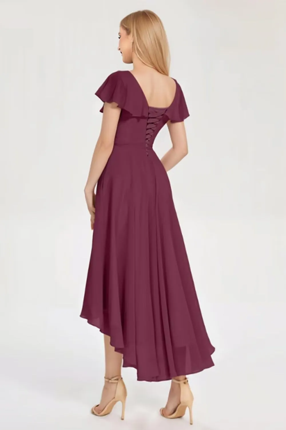 High Low Bridesmaid Dresses with Slit Chiffon Ruffled Ruched A-line Long Formal Evening Gowns EEM174