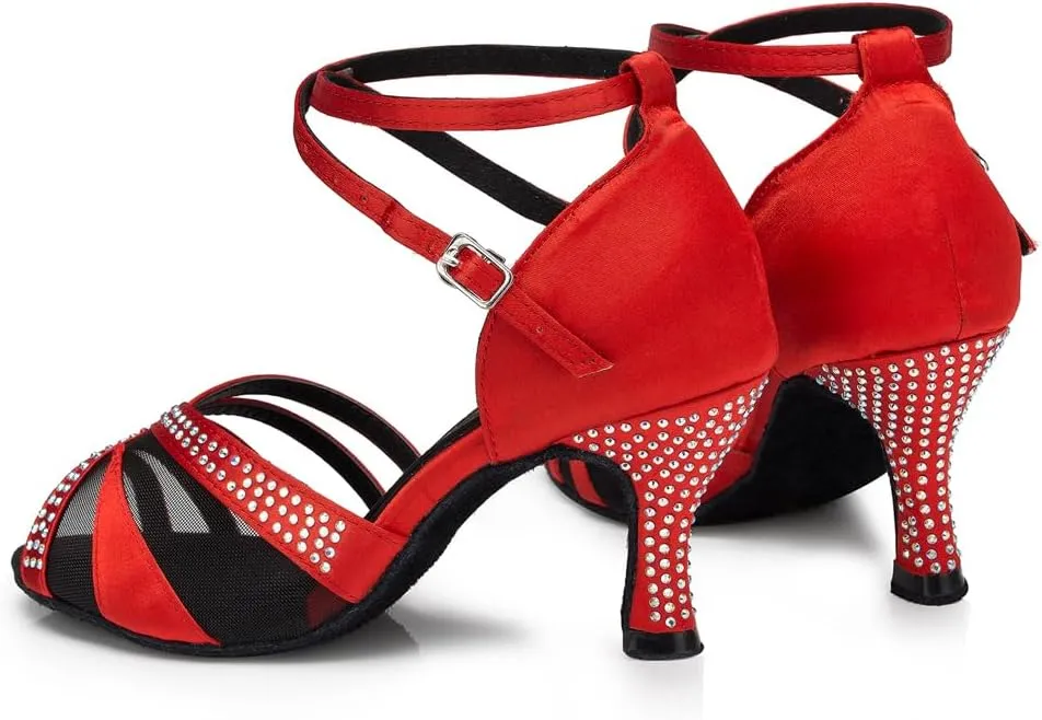 HIPPOSEUS Women's Rhinestones Latin Dance Shoes Satin Ballroom Salsa Net Yarn Dancing Shoes