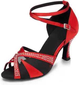 HIPPOSEUS Women's Rhinestones Latin Dance Shoes Satin Ballroom Salsa Net Yarn Dancing Shoes